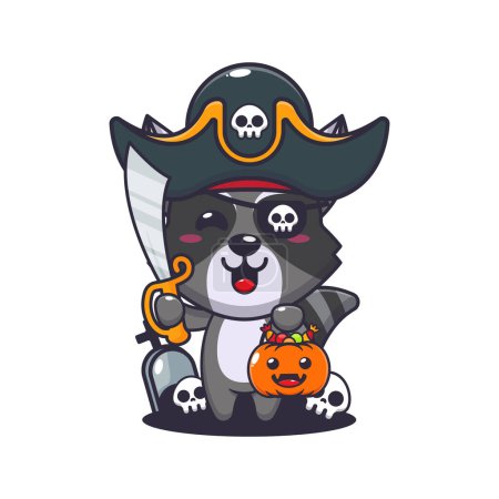 Illustration for Pirates raccoon in halloween day. Cute halloween cartoon illustration. - Royalty Free Image