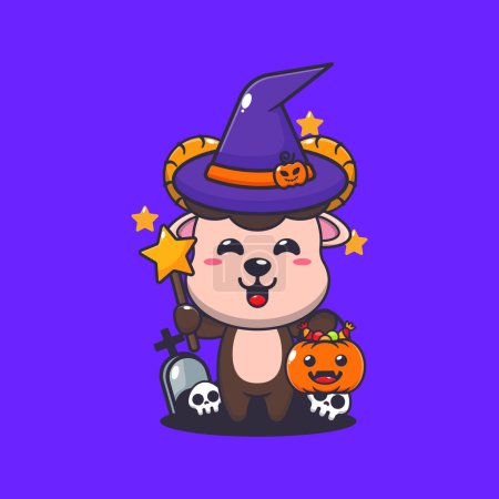 Illustration for Witch ram sheep in halloween day. Cute halloween cartoon illustration. - Royalty Free Image