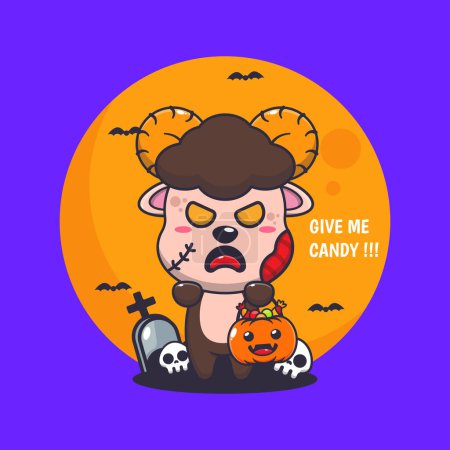 Illustration for Zombie ram sheep want candy. Cute halloween cartoon illustration. - Royalty Free Image