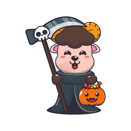 Illustration for Grim reaper ram sheep holding scythe and halloween pumpkin. Cute halloween cartoon illustration. - Royalty Free Image