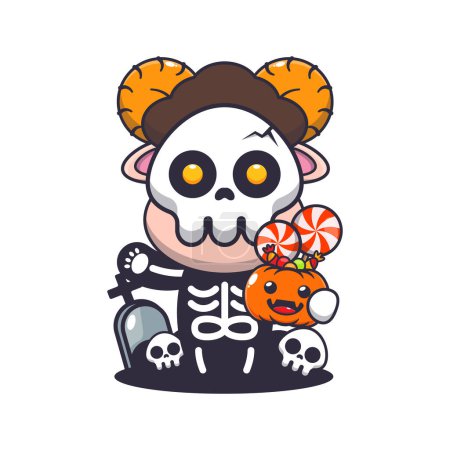 Illustration for Cute ram sheep with skeleton costume holding halloween pumpkin. Cute halloween cartoon illustration. - Royalty Free Image