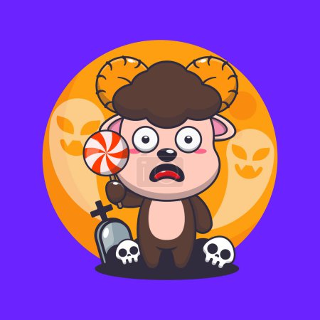 Illustration for Cute ram sheep scared by ghost in halloween day. Cute halloween cartoon illustration. - Royalty Free Image