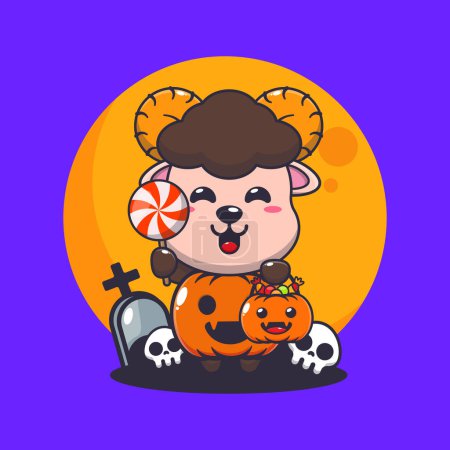 Illustration for Cute ram sheep with halloween pumpkin costume. Cute halloween cartoon illustration. - Royalty Free Image