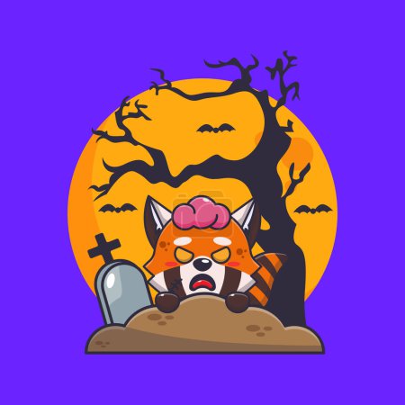 Illustration for Zombie red panda rise from graveyard in halloween day. Cute halloween cartoon illustration. - Royalty Free Image