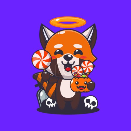 Ilustración de Lindo ángel panda rojo sosteniendo machete en el día de Halloween. Linda ilustración de dibujos animados de Halloween. - Imagen libre de derechos