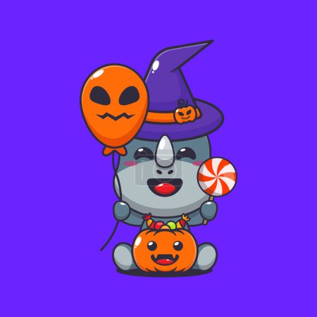 Ilustración de Rino bruja sosteniendo globo de Halloween y dulces. Linda ilustración de dibujos animados de Halloween. - Imagen libre de derechos