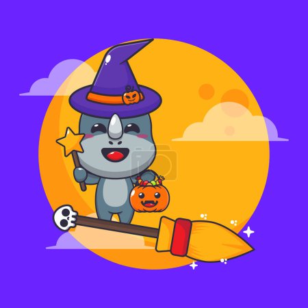 Illustration for Witch rhino fly with broom in halloween night. Cute halloween cartoon illustration. - Royalty Free Image