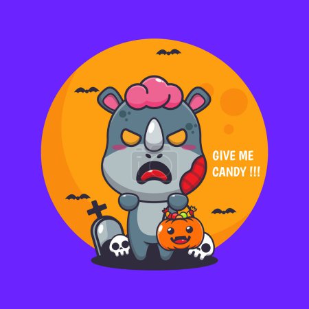 Illustration for Zombie rhino want candy. Cute halloween cartoon illustration. - Royalty Free Image