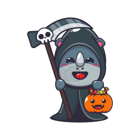 Illustration for Grim reaper rhino holding scythe and halloween pumpkin. Cute halloween cartoon illustration. - Royalty Free Image