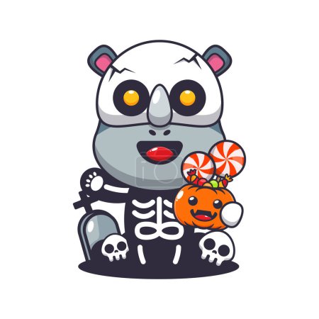 Ilustración de Lindo rinoceronte con disfraz de esqueleto que sostiene la calabaza de Halloween. Linda ilustración de dibujos animados de Halloween. - Imagen libre de derechos