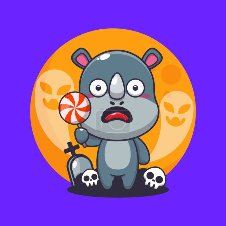 Ilustración de Lindo rinoceronte asustado por el fantasma en el día de Halloween. Linda ilustración de dibujos animados de Halloween. - Imagen libre de derechos