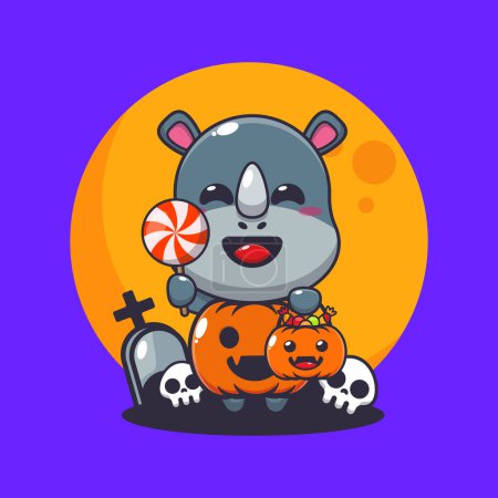 Illustration for Cute rhino with halloween pumpkin costume. Cute halloween cartoon illustration. - Royalty Free Image