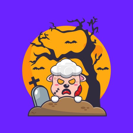 Illustration for Zombie sheep rise from graveyard in halloween day. Cute halloween cartoon illustration. - Royalty Free Image