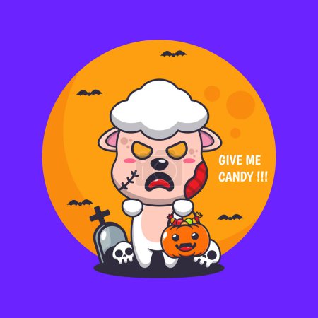 Illustration for Zombie sheep want candy. Cute halloween cartoon illustration. - Royalty Free Image