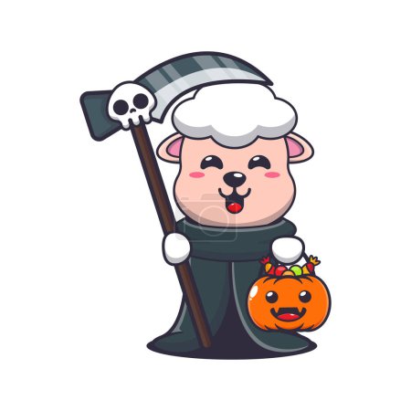 Illustration for Grim reaper sheep holding scythe and halloween pumpkin. Cute halloween cartoon illustration. - Royalty Free Image