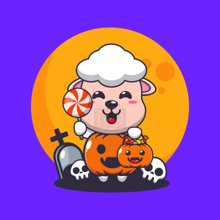 Illustration for Cute sheep with halloween pumpkin costume. Cute halloween cartoon illustration. - Royalty Free Image