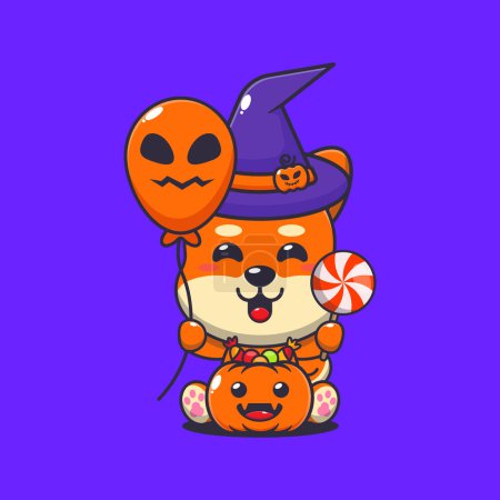 Ilustración de Bruja shiba inu sosteniendo globo de Halloween y dulces. Linda ilustración de dibujos animados de Halloween. - Imagen libre de derechos