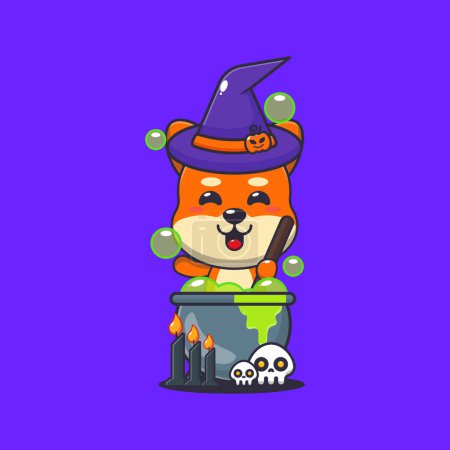 Illustration for Witch shiba inu making potion in halloween day. Cute halloween cartoon illustration. - Royalty Free Image