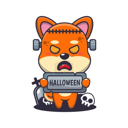 Ilustración de Zombie shiba inu sosteniendo la piedra de saludo de Halloween. Linda ilustración de dibujos animados de Halloween. - Imagen libre de derechos