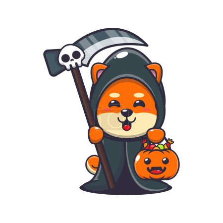 Illustration for Grim reaper shiba inu holding scythe and halloween pumpkin. Cute halloween cartoon illustration. - Royalty Free Image