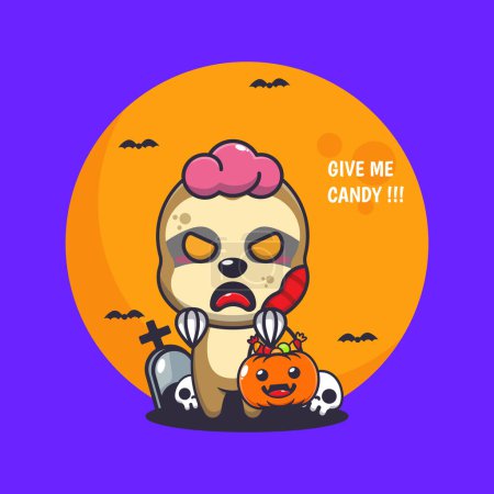Illustration for Zombie sloth want candy. Cute halloween cartoon illustration. - Royalty Free Image
