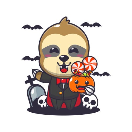 Téléchargez les illustrations : Un paresseux vampire tenant une citrouille d'Halloween. Jolie illustration de dessin animé halloween. - en licence libre de droit