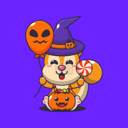 Ilustración de Ardilla bruja sosteniendo globo de Halloween y dulces. Linda ilustración de dibujos animados de Halloween. - Imagen libre de derechos