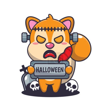 Illustration for Zombie squirrel holding halloween greeting stone. Cute halloween cartoon illustration. - Royalty Free Image