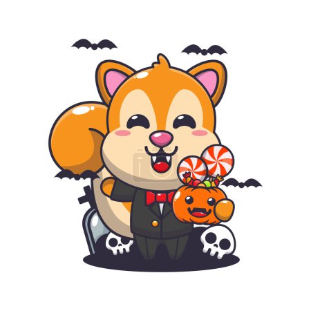 Illustration for Vampire squirrel holding halloween pumpkin. Cute halloween cartoon illustration. - Royalty Free Image