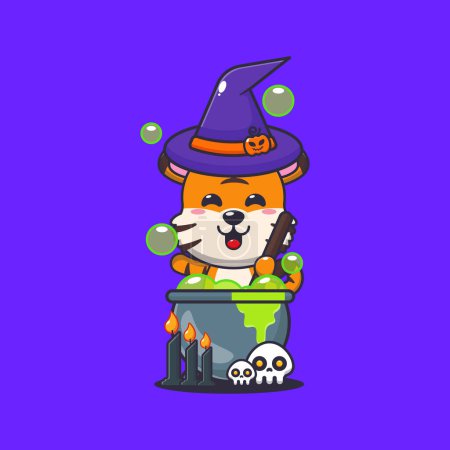 Illustration for Witch tiger making potion in halloween day. Cute halloween cartoon illustration. - Royalty Free Image