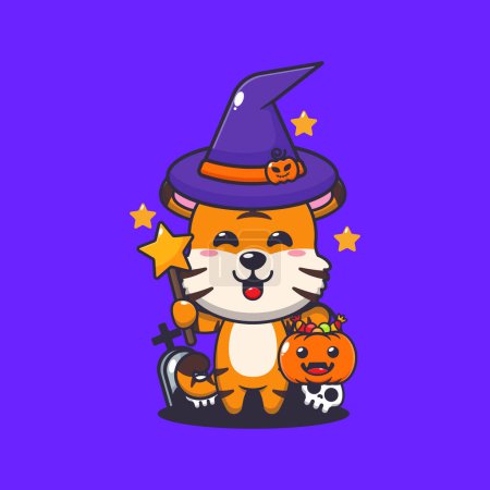 Illustration for Witch tiger in halloween day. Cute halloween cartoon illustration. - Royalty Free Image