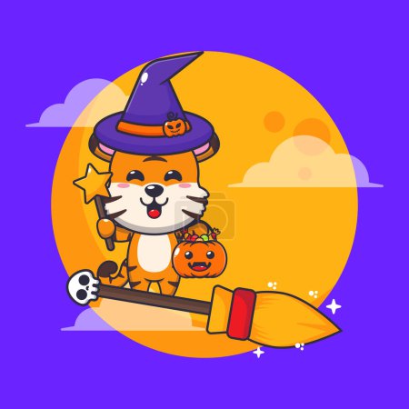 Illustration for Witch tiger fly with broom in halloween night. Cute halloween cartoon illustration. - Royalty Free Image