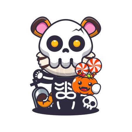 Illustration for Cute tiger with skeleton costume holding halloween pumpkin. Cute halloween cartoon illustration. - Royalty Free Image