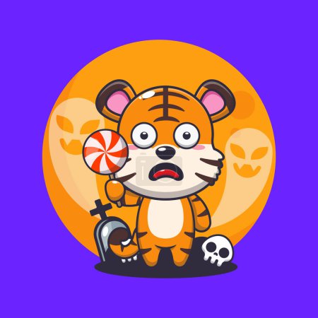 Illustration for Cute tiger scared by ghost in halloween day. Cute halloween cartoon illustration. - Royalty Free Image