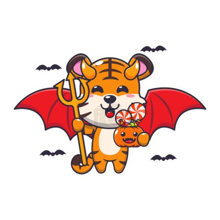 Illustration for Devil tiger in halloween day. Cute halloween cartoon illustration. - Royalty Free Image