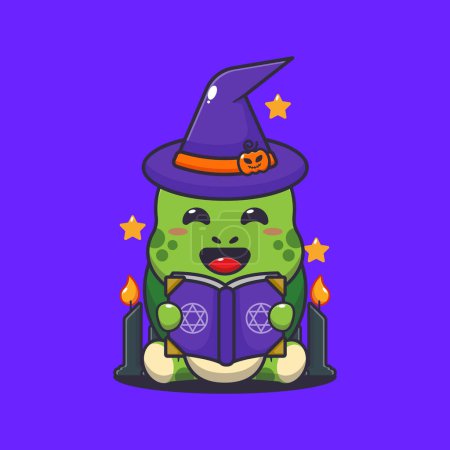 Ilustración de Tortuga bruja leyendo libro de hechizos. Linda ilustración de dibujos animados de Halloween. - Imagen libre de derechos