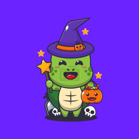 Illustration for Witch turtle in halloween day. Cute halloween cartoon illustration. - Royalty Free Image