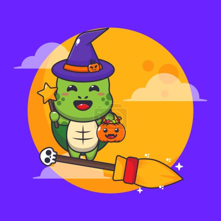 Téléchargez les illustrations : Mouche de tortue sorcière avec balai dans la nuit d'Halloween. - en licence libre de droit