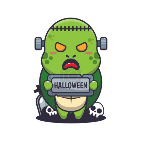 Téléchargez les illustrations : Tortue zombie tenant halloween saluant pierre. Jolie illustration de dessin animé halloween. - en licence libre de droit