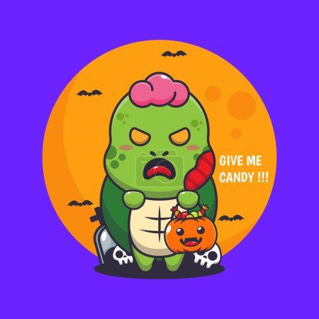Téléchargez les illustrations : La tortue zombie veut des bonbons. Jolie illustration de dessin animé halloween. - en licence libre de droit