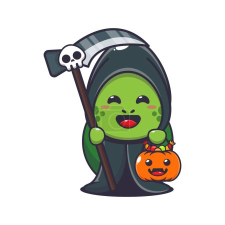 Illustration for Grim reaper turtle holding scythe and halloween pumpkin. Cute halloween cartoon illustration. - Royalty Free Image