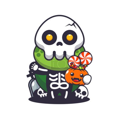 Ilustración de Linda tortuga con disfraz de esqueleto que sostiene la calabaza de Halloween. Linda ilustración de dibujos animados de Halloween. - Imagen libre de derechos