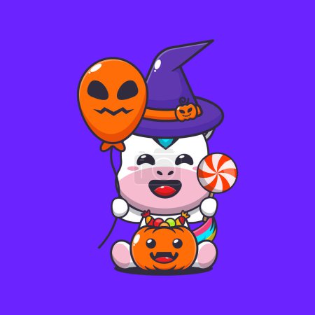 Ilustración de Unicornio bruja sosteniendo globo de Halloween y dulces. Linda ilustración de dibujos animados de Halloween. - Imagen libre de derechos
