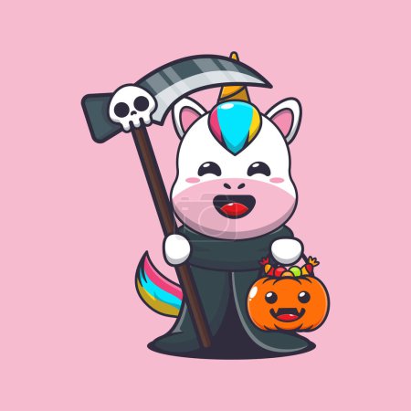 Illustration for Grim reaper unicorn holding scythe and halloween pumpkin. Cute halloween cartoon illustration. - Royalty Free Image