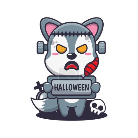Ilustración de Lobo zombi sosteniendo la piedra de saludo de Halloween. Linda ilustración de dibujos animados de Halloween. - Imagen libre de derechos