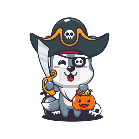 Téléchargez les illustrations : Loup pirate au jour d'Halloween. Jolie illustration de dessin animé halloween. - en licence libre de droit