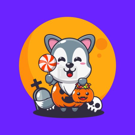 Photo for Cute wolf with halloween pumpkin costume. Cute halloween cartoon illustration. - Royalty Free Image