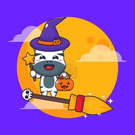 Illustration for Witch zebra fly with broom in halloween night. Cute halloween cartoon illustration. - Royalty Free Image