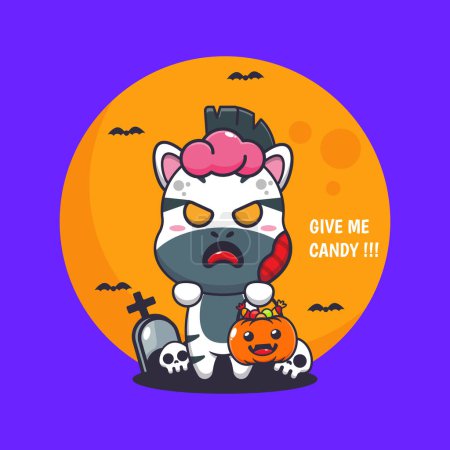 Illustration for Zombie zebra want candy. Cute halloween cartoon illustration. - Royalty Free Image