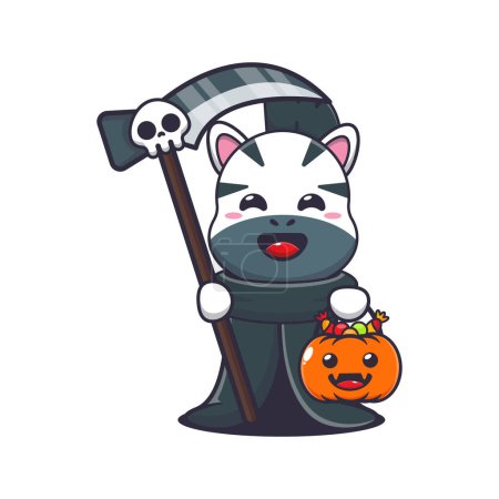 Ilustración de Cebra parca sosteniendo guadaña y calabaza de halloween. Linda ilustración de dibujos animados de Halloween. - Imagen libre de derechos